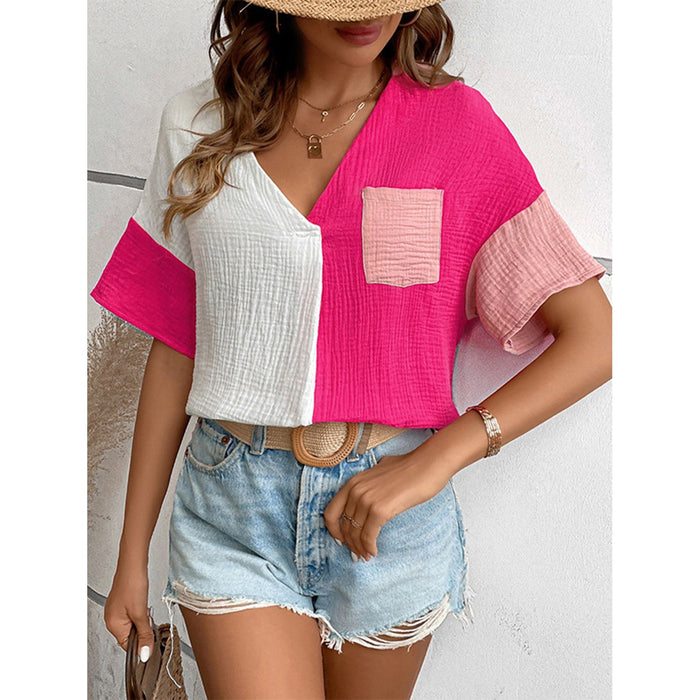 Color Block Johnny Collar Short Sleeve Blouse