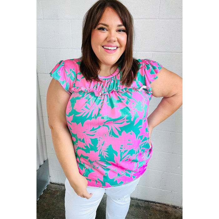 Pink & Green Floral Print Frilled Short Sleeve Yoke Top