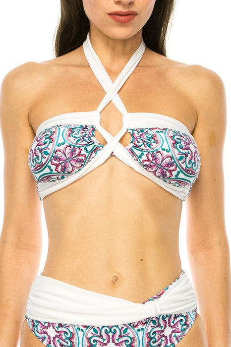 Two piece Floral Print Criss Cross Halter Bikini Swimwear Set