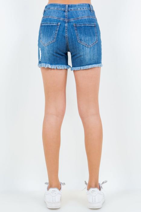 High Waist Distressed Frayed Denim Shorts in Blue