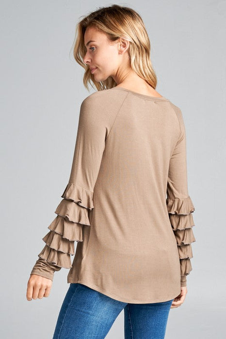 MINI TIERED RUFFLE LONG SLEEVE ROUND NECK TOP