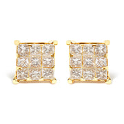 Bids.com 14K Yellow Gold 1 1/2 Cttw Invisible Set Princess-Cut Diamond 9 Stone Square Stud Earrings (J-K Color, SI2-I1 Clarity) Earrings