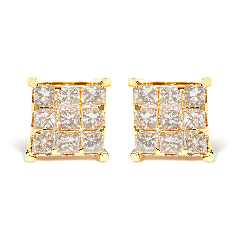 Bids.com 14K Yellow Gold 1 1/2 Cttw Invisible Set Princess-Cut Diamond 9 Stone Square Stud Earrings (J-K Color, SI2-I1 Clarity) Earrings