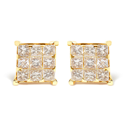 Bids.com 14K Yellow Gold 1 1/2 Cttw Invisible Set Princess-Cut Diamond 9 Stone Square Stud Earrings (J-K Color, SI2-I1 Clarity) Earrings