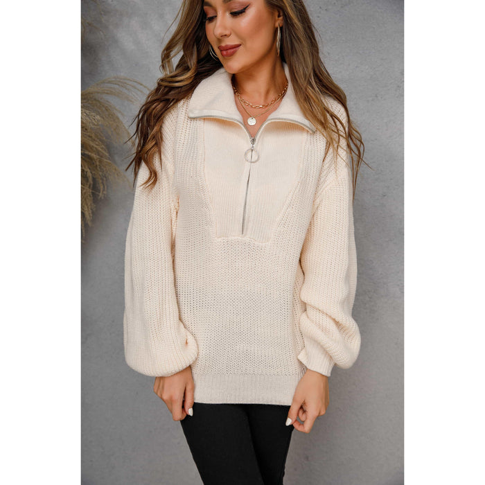 Collared Neck Zip-Up Knit Top