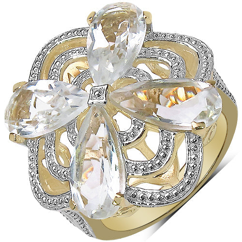 Bids.com 14K Yellow Gold Plated 6.69 Carat Genuine Crystal Quartz & White Diamond .925 Sterling Silver Ring Rings