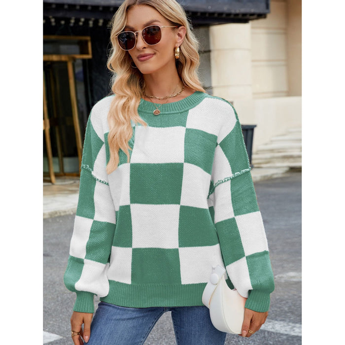 Checkered Round Neck Long Sleeve Sweater