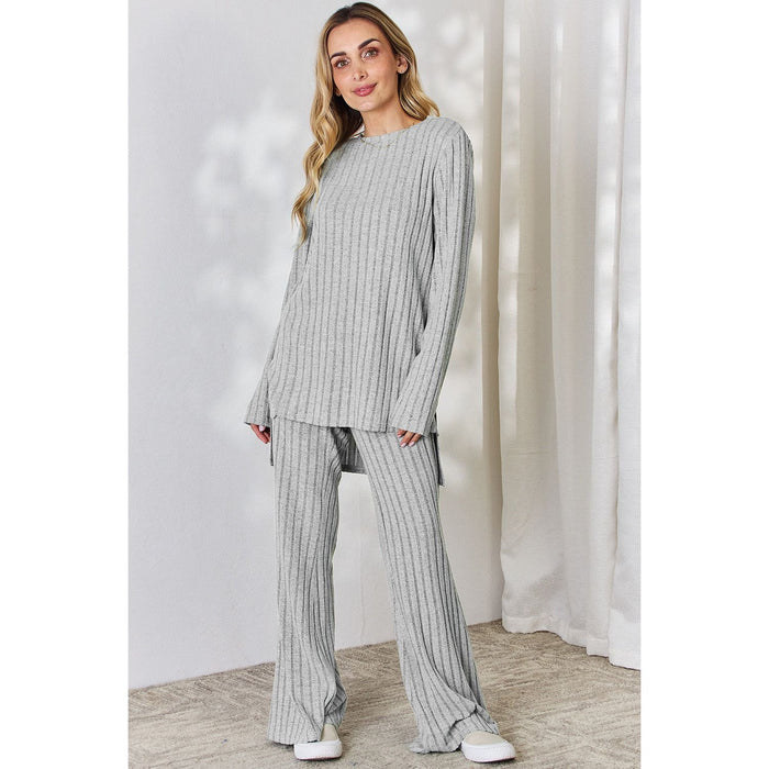 Basic Bae Ribbed High-Low Top and Wide Leg Pants Set