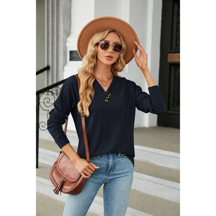 Decorative Button V-Neck Long Sleeve T-Shirt