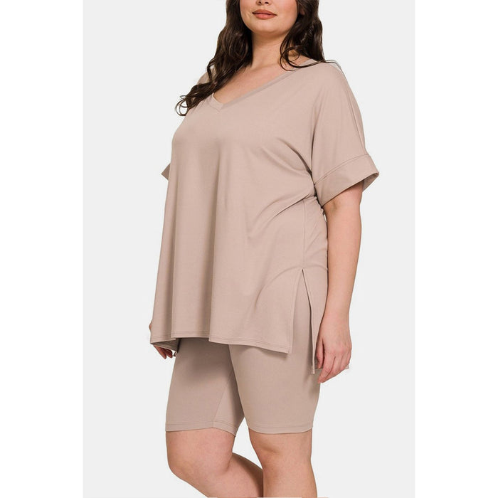 Zenana V-Neck Short Sleeve Slit T-Shirt and Shorts Set