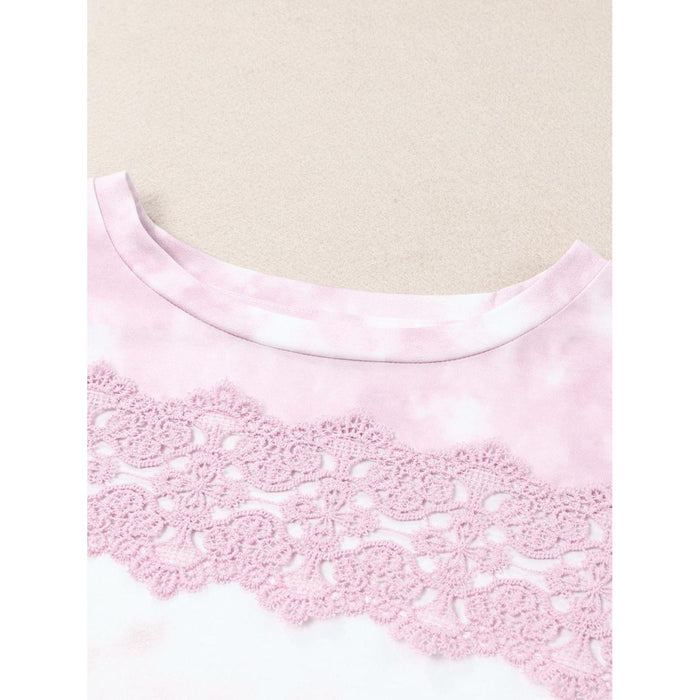 Tie-Dye Lace Trim Round Neck Top