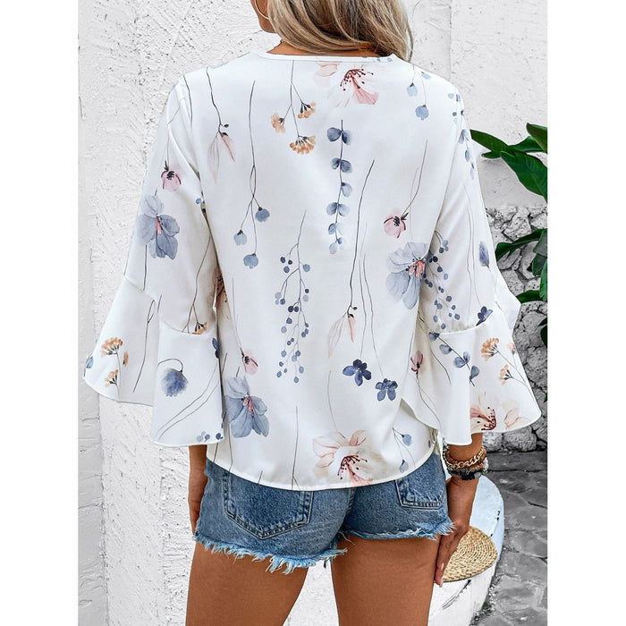 Ruffled Printed V-Neck Half Sleeve Blouse