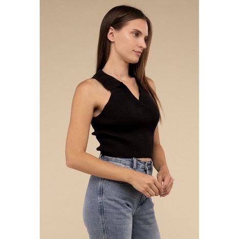 Sleeveless Collared Crop Knit Top