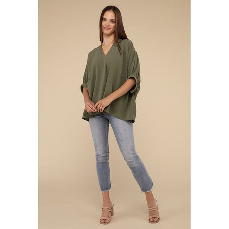 Woven Airflow V-Neck Puff Half Sleeve Top