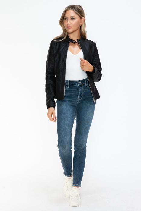 PU Leather Biker Jacket with Side Zip Pockets