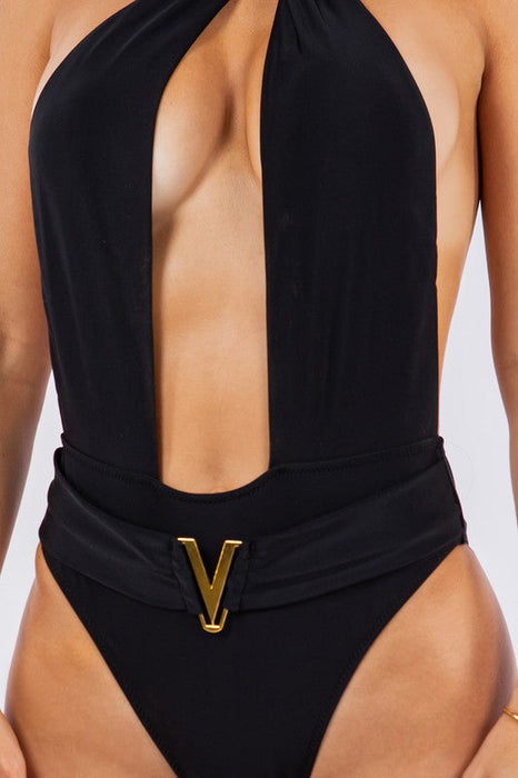 One Piece Bathing Suit Deep Open With Belt On Wais