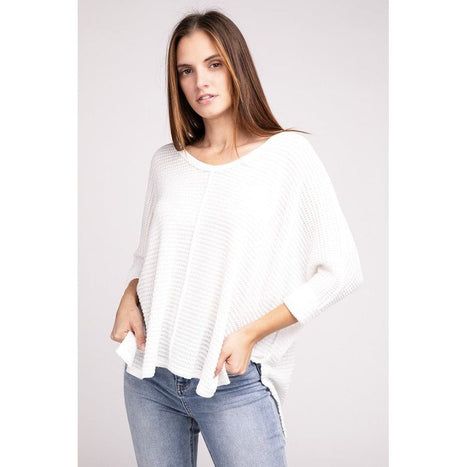 3/4 Sleeve V-Neck Hi-Low Hem Jacquard Sweater