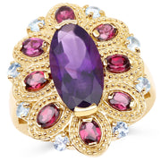 Bids.com 14K Yellow Gold Plated 6.80 Carat Genuine Amethyst, Rhodolite & Blue Topaz .925 Sterling Silver Ring Rings