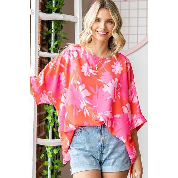 First Love Slit Printed Round Neck Half Sleeve Blouse