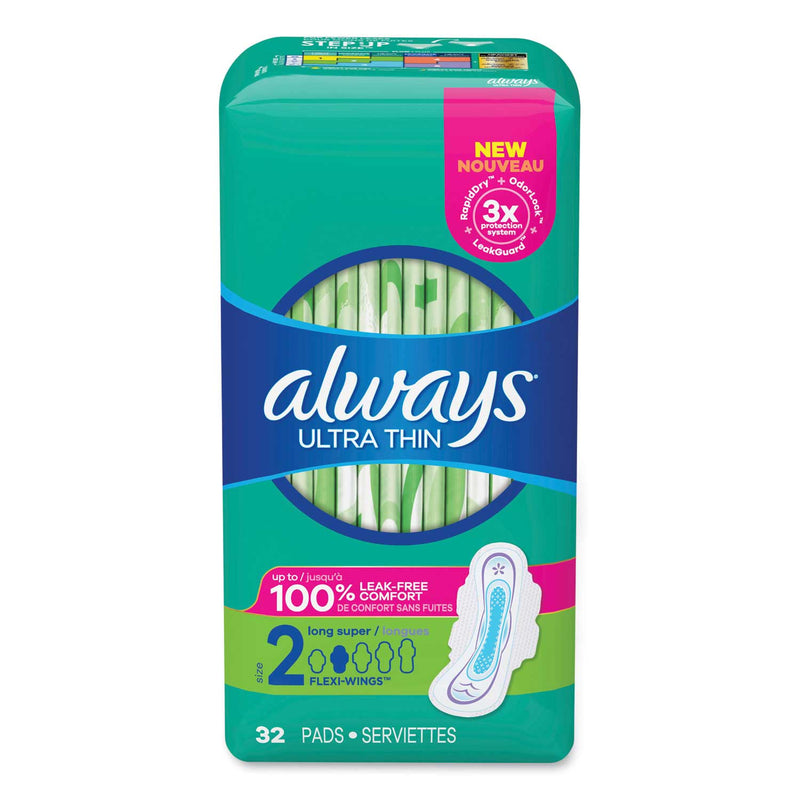 Always Always Ultra Thin Pads With Wings, Size 2, Long, Super Absorbent, 32/Pack, 3 Packs/Carton Feminine Pads & Protectors