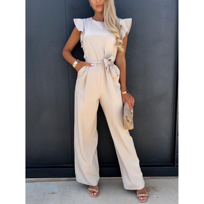 Ruffled Round Neck Cap Sleeve Jumpsuit