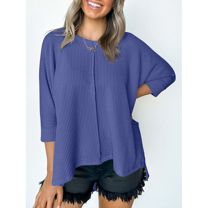 Textured Round Neck Three-Quarter Sleeve Blouse