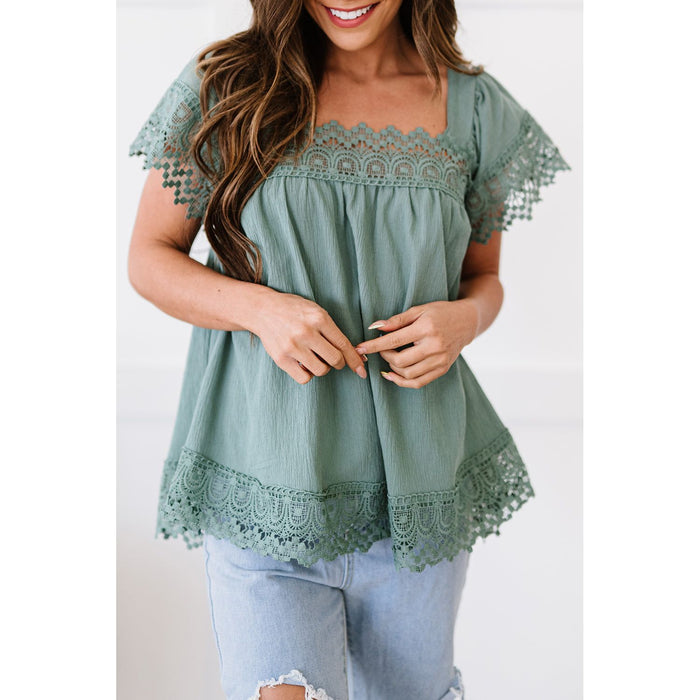 Lace Detail Square Neck Short Sleeve Blouse