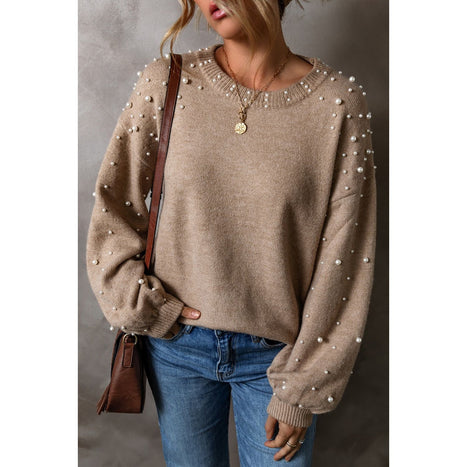 Pearl Detail Round Neck Long Sleeve Sweater