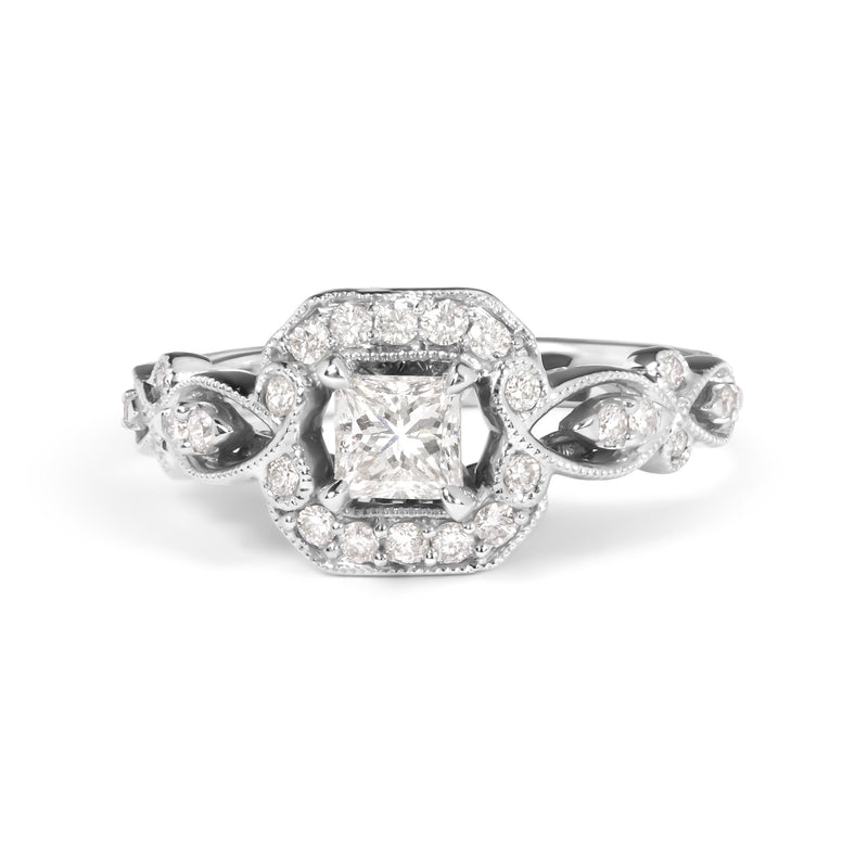 Bids.com 14K White Gold Diamond 3/4 Cttw Diamond Halo Style and Woven Shank Engagement Ring (G-H Color, VS2-SI1 Clarity) - Size 7 Rings