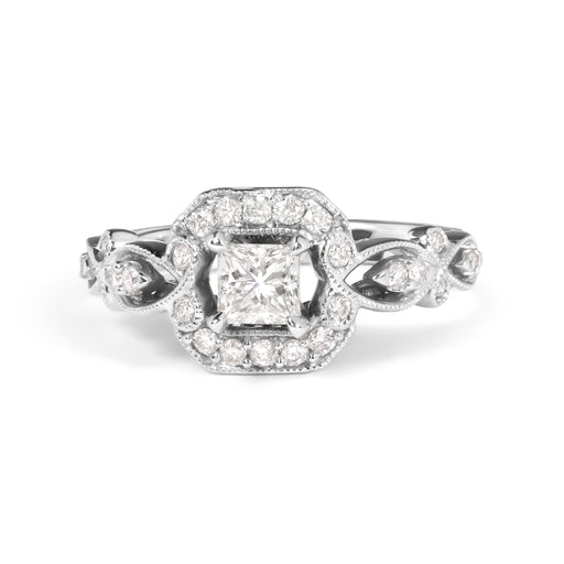 Bids.com 14K White Gold Diamond 3/4 Cttw Diamond Halo Style and Woven Shank Engagement Ring (G-H Color, VS2-SI1 Clarity) - Size 7 Rings