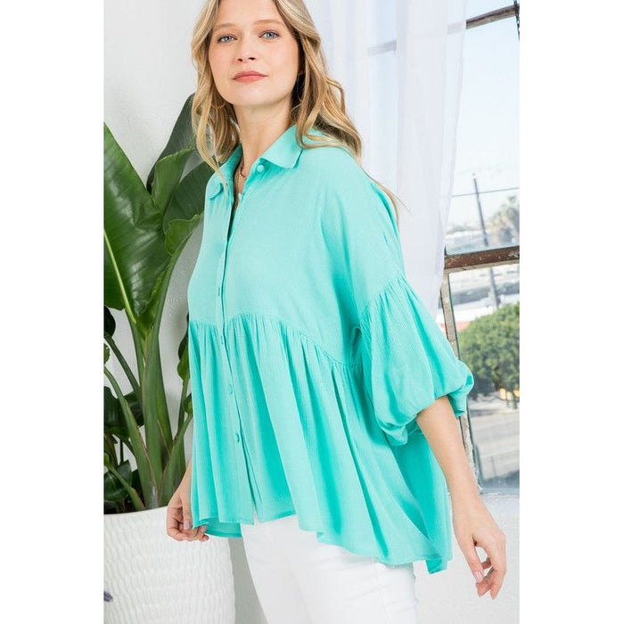 Plus Solid Button Down Blouse