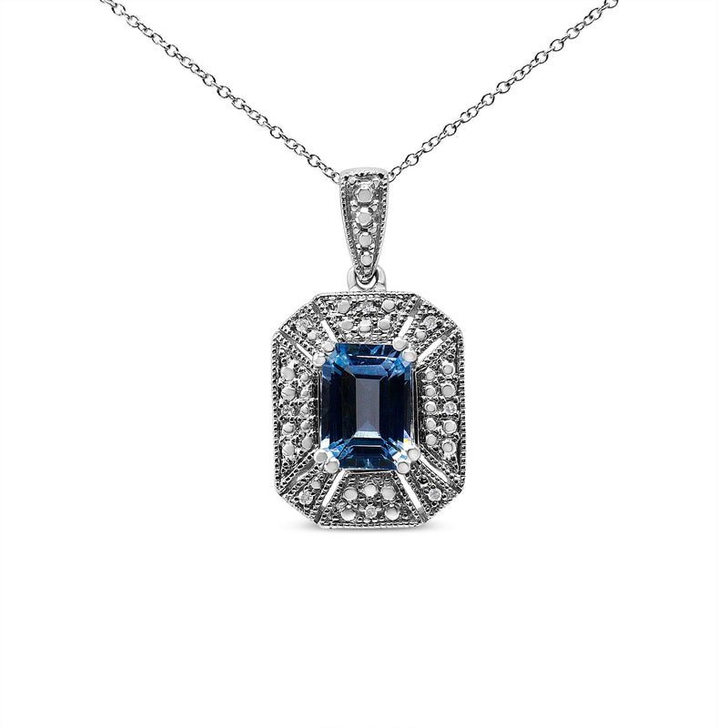 Bids.com .925 Sterling Silver Blue Topaz and Diamond Accent Art Deco Style 18" Pendant Necklace (I-J Color, I1-I2 Clarity) Necklaces