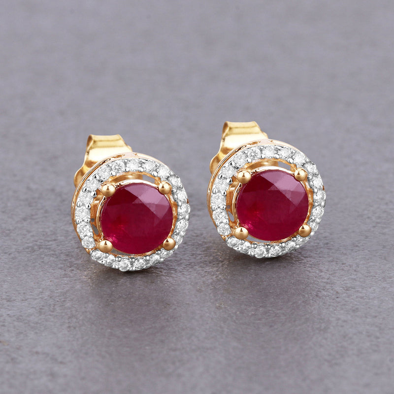 Bids.com 1.22 Carat Genuine Ruby and White Diamond 14K Yellow Gold Earrings Earrings