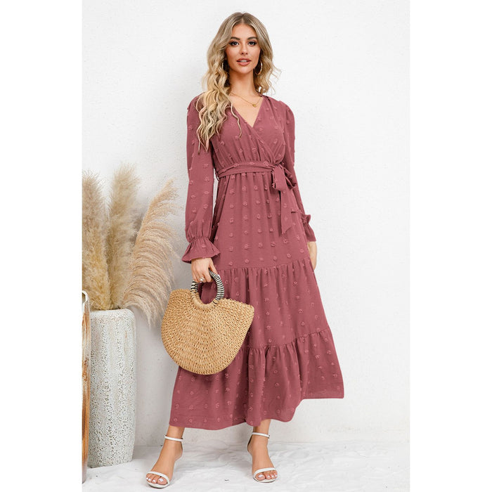 Swiss Dot Tied Surplice Flounce Sleeve Dress