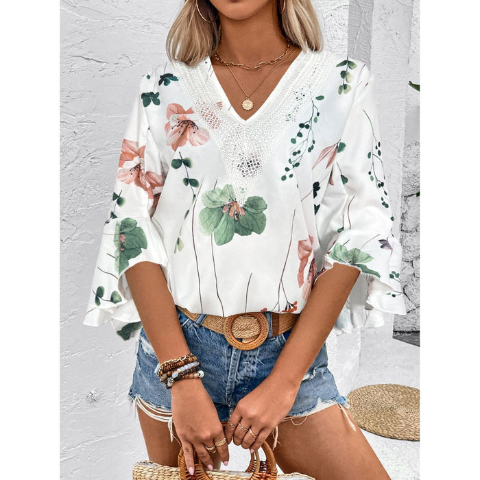 Ruffled Printed V-Neck Half Sleeve Blouse