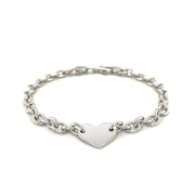 Bids.com Sterling Silver Rhodium Plated Chain Bracelet with a Flat Heart Station Bracelets