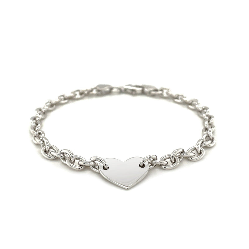 Bids.com Sterling Silver Rhodium Plated Chain Bracelet with a Flat Heart Station Bracelets