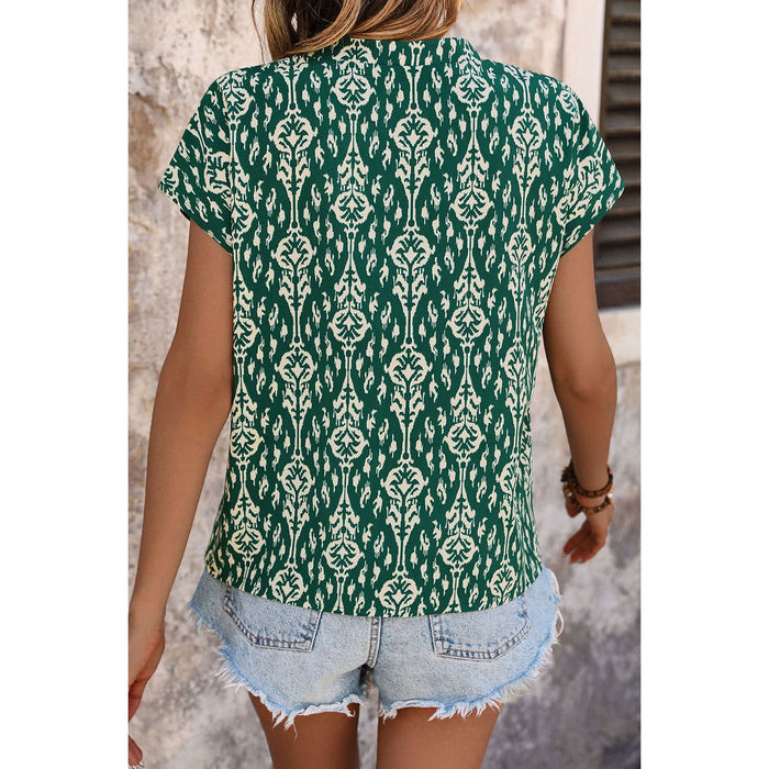 Printed Notched Short Sleeve Blouse