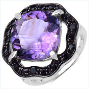 Bids.com 6.09 Carat Genuine Amethyst & Black Spinel .925 Sterling Silver Ring Rings