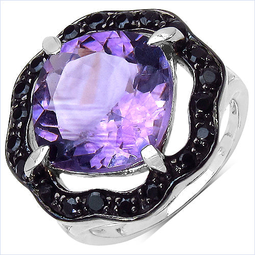 Bids.com 6.09 Carat Genuine Amethyst & Black Spinel .925 Sterling Silver Ring Rings