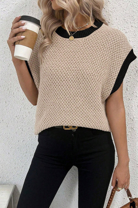 Contrast Round Neck Cap Sleeve Knit Top