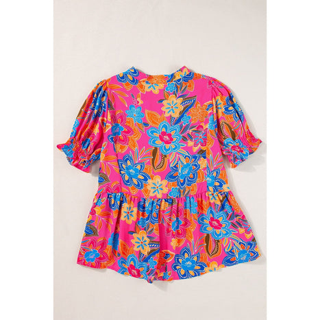 Peplum Printed Notched Short Sleeve Blouse