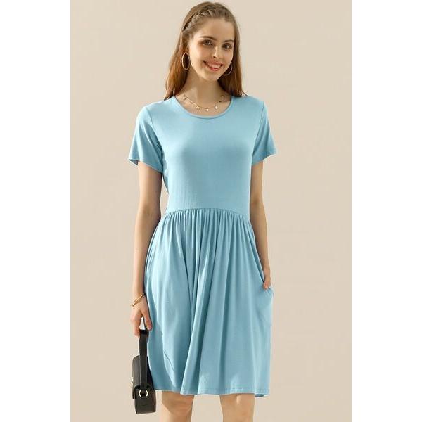 Ninexis Round Neck Ruched Dress with Pockets