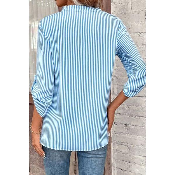 Striped Notched Roll-Tab Sleeve Shirt