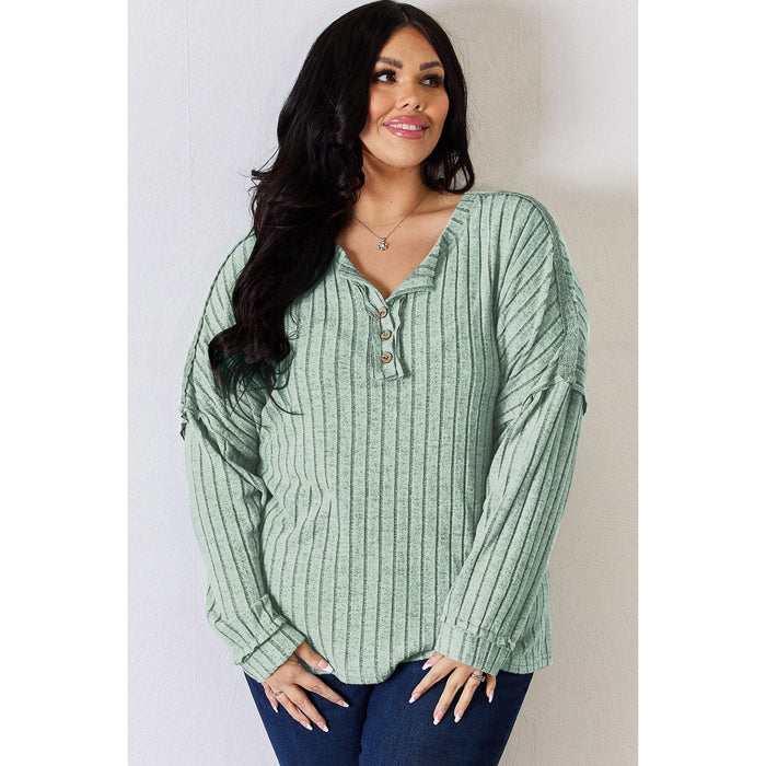 Basic Bae Ribbed Half Button Long Sleeve T-Shirt