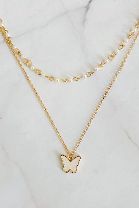 Layered Pearl Chain Butterfly Necklace