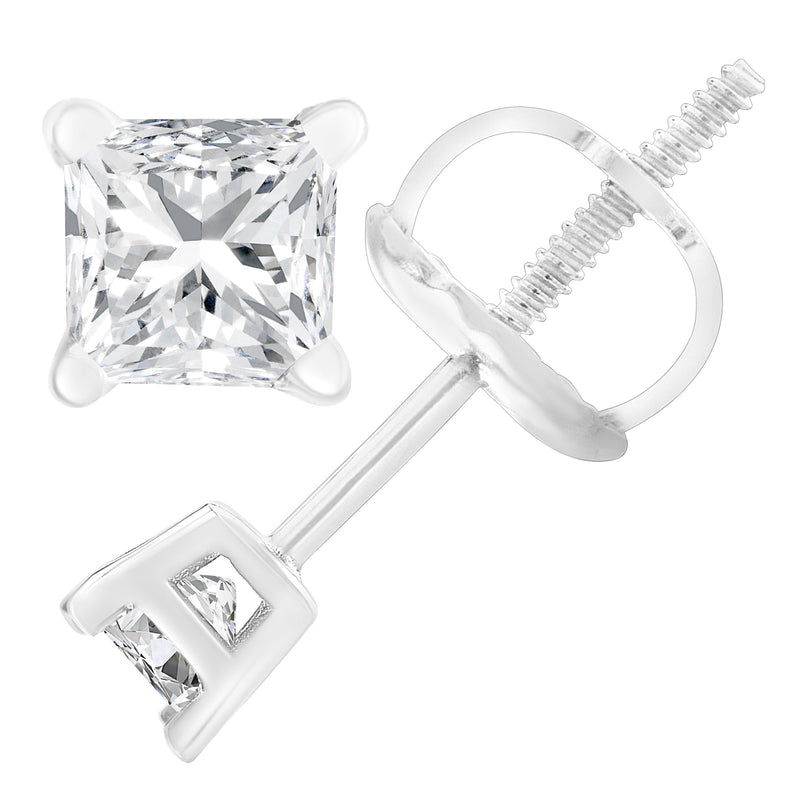 Bids.com AGS Certified 18K White Gold 1.0 Cttw 4-Prong Set Princess-Cut Solitaire Diamond Screw Back Stud Earrings (E-F Color, SI2-I1 Clarity) Earrings