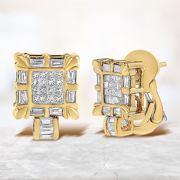 Bids.com 14K Yellow Gold 7/8 Cttw Princess and Baguette-Cut Diamond Square Framed Huggie Hoop Omega Earrings (H-I Color, SI1-SI2 Clarity) Earrings