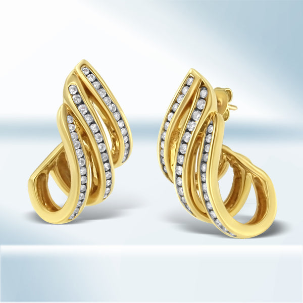 Bids.com 10K Yellow Gold 1.0 Cttw Round Brilliant Cut Diamond Spiral Multi Row Channel Set Open Hoop Pushback Stud Earrings (H-I Color, I1-I2 Clarity) Earrings