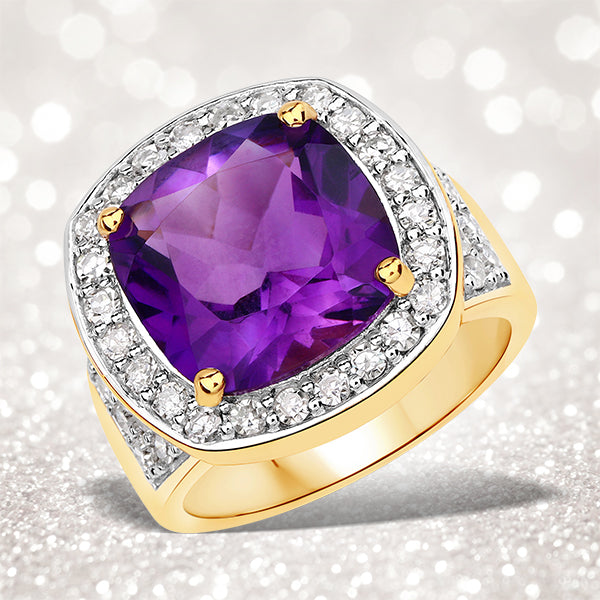 Bids.com 6.80 Carat Genuine Amethyst and White Diamond .925 Sterling Silver Ring Rings